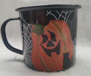 Harry and David Halloween Enamel Metal Camping Mug Cute Pumpkin, Cat, & Spider
